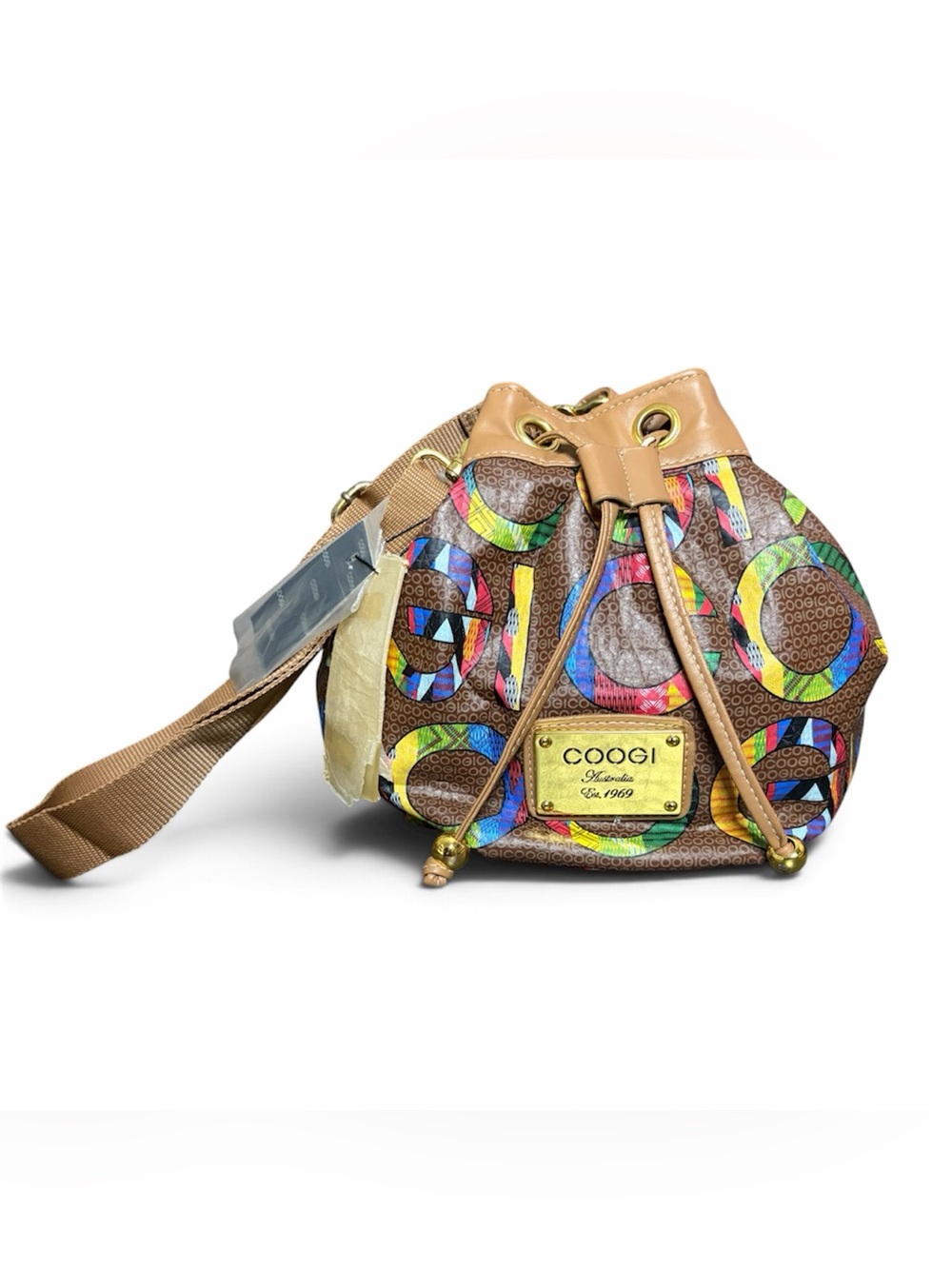 Vintage NWT COOGI Multicolor Graphic Monogram Bucket Crossbody Bag Y2K Rare